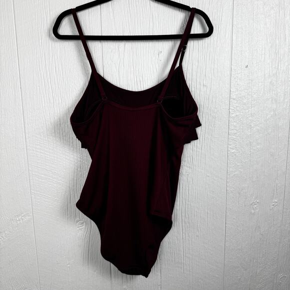 Primark Maroon One Piece Swimsuit Size 14 Ruffle Top Full Coverage Red Ribbed - Picture 5 of 8